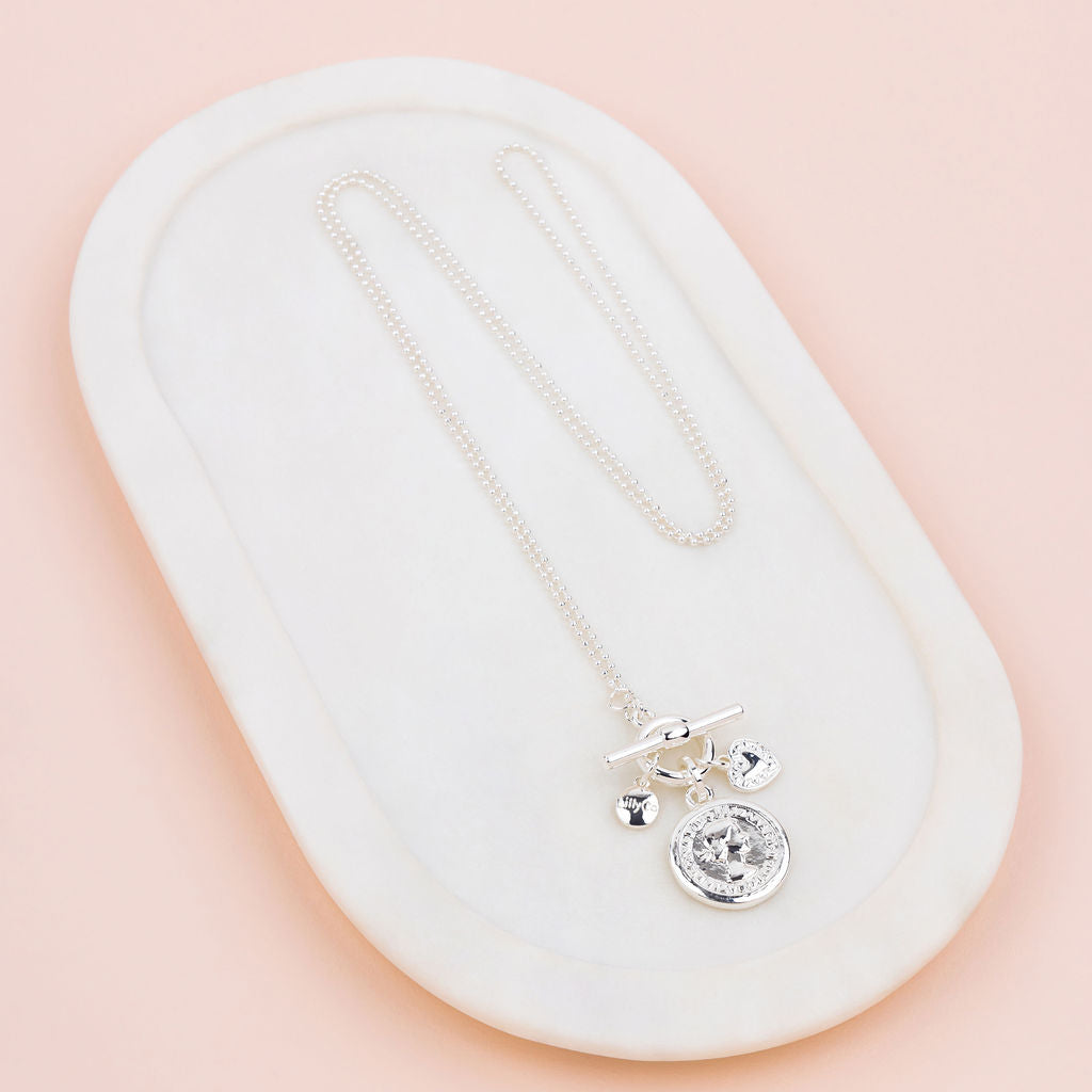 Silver Coin Pendant Long Necklace