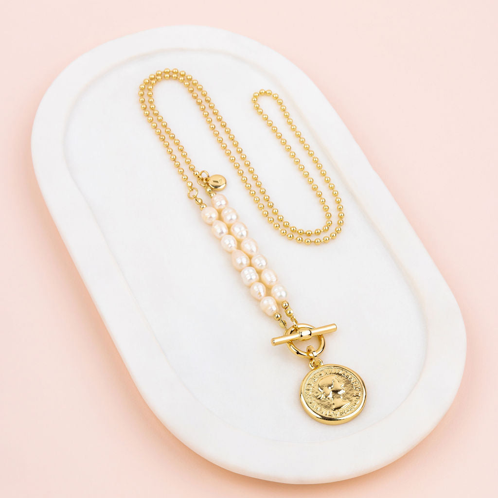 Yellow Gold & Fresh Water Pearl Coin Necklace