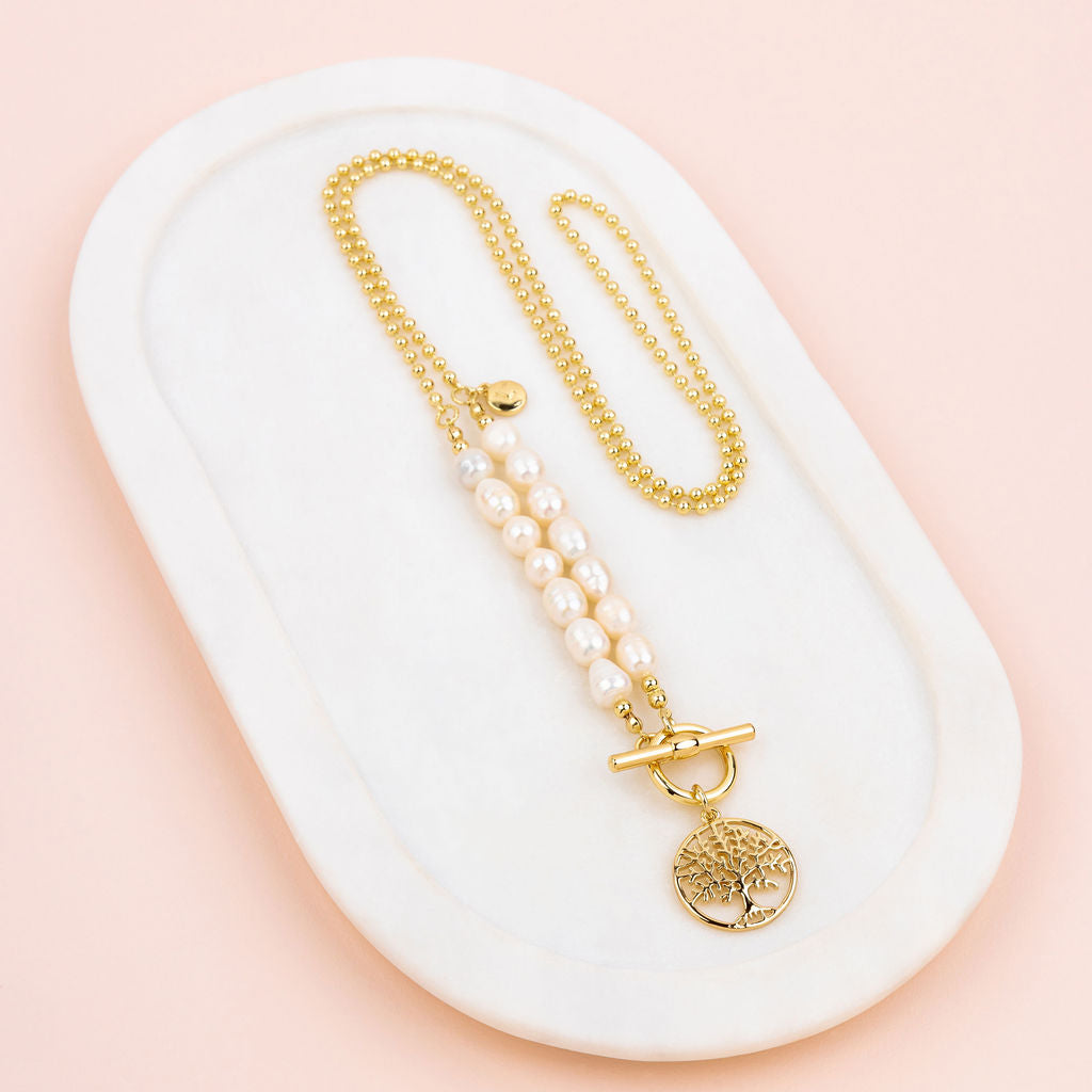 Yellow Gold & Fresh Water Pearl Tree Pendant Necklace