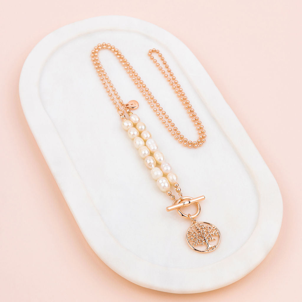 Rose Gold & Fresh Water Pearl Tree Pendant Necklace