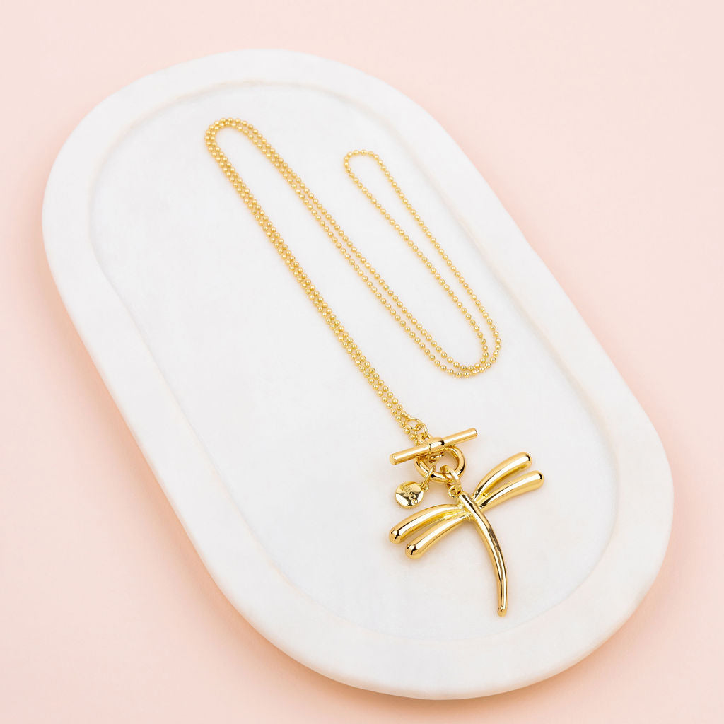 Yellow Gold Dragonfly Pendant Long Necklace