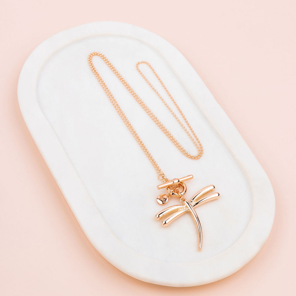 Rose Gold Dragonfly Pendant Long Necklace
