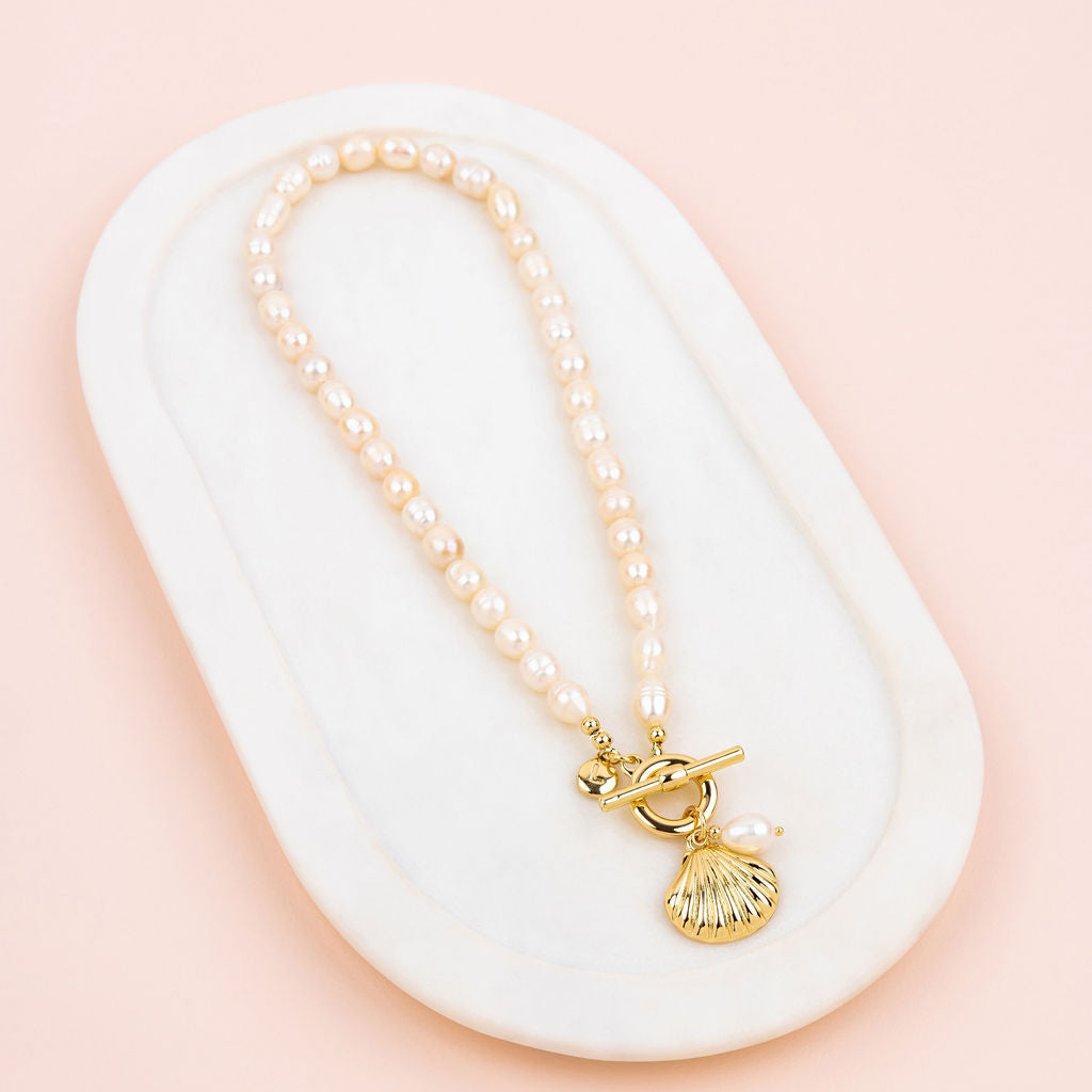 SHORT | Yellow Gold Shell on Freshwater Pearl Necklace