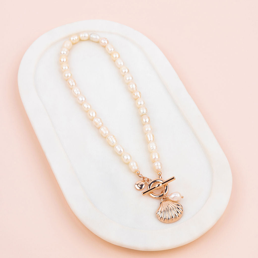 SHORT | Rose Gold Shell on Freshwater Pearl Necklace