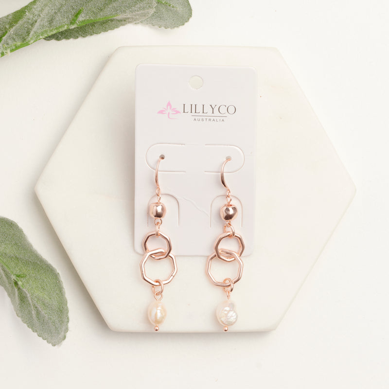 Rose Gold Double Ring Pearl Earring