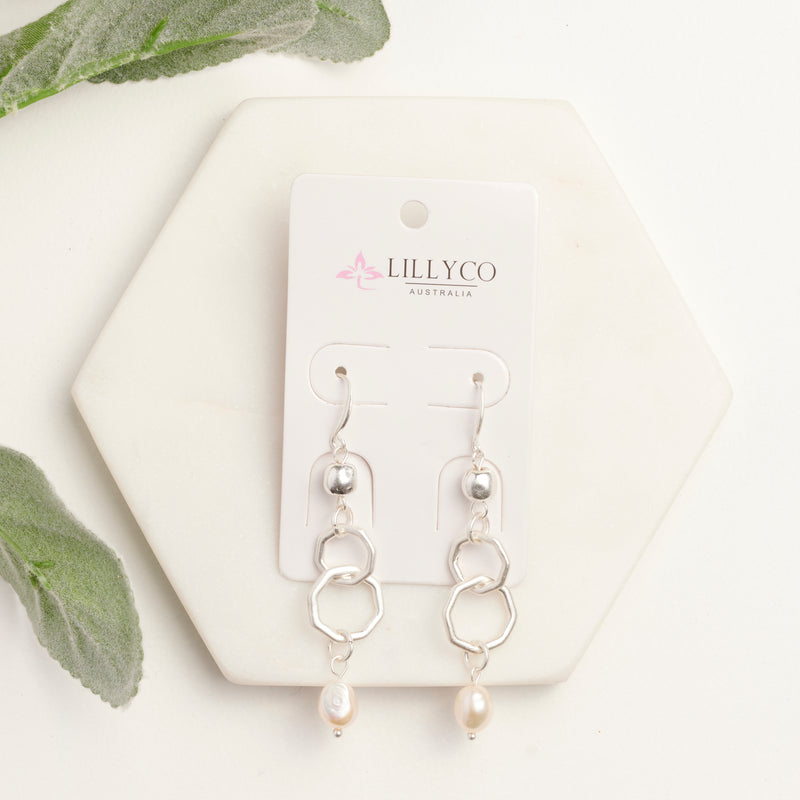 Silver Double Ring Pearl Earring