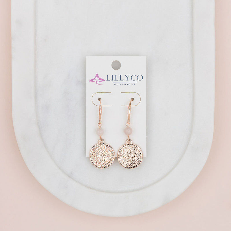 Rose Gold Pattern Disc with Rose Quartz Earring