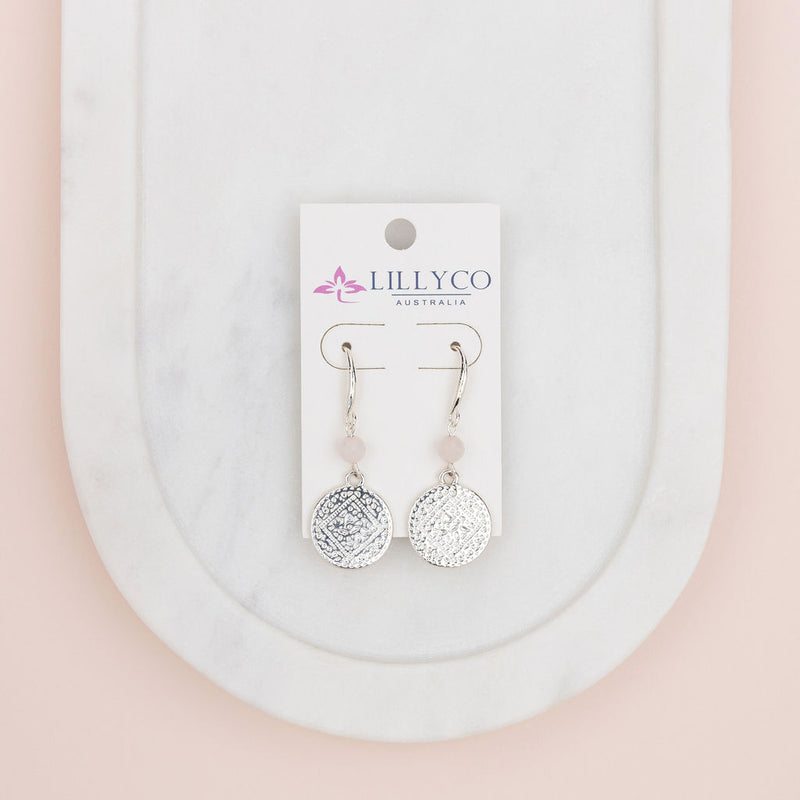 Silver Pattern Disc with Rose Quartz Earring