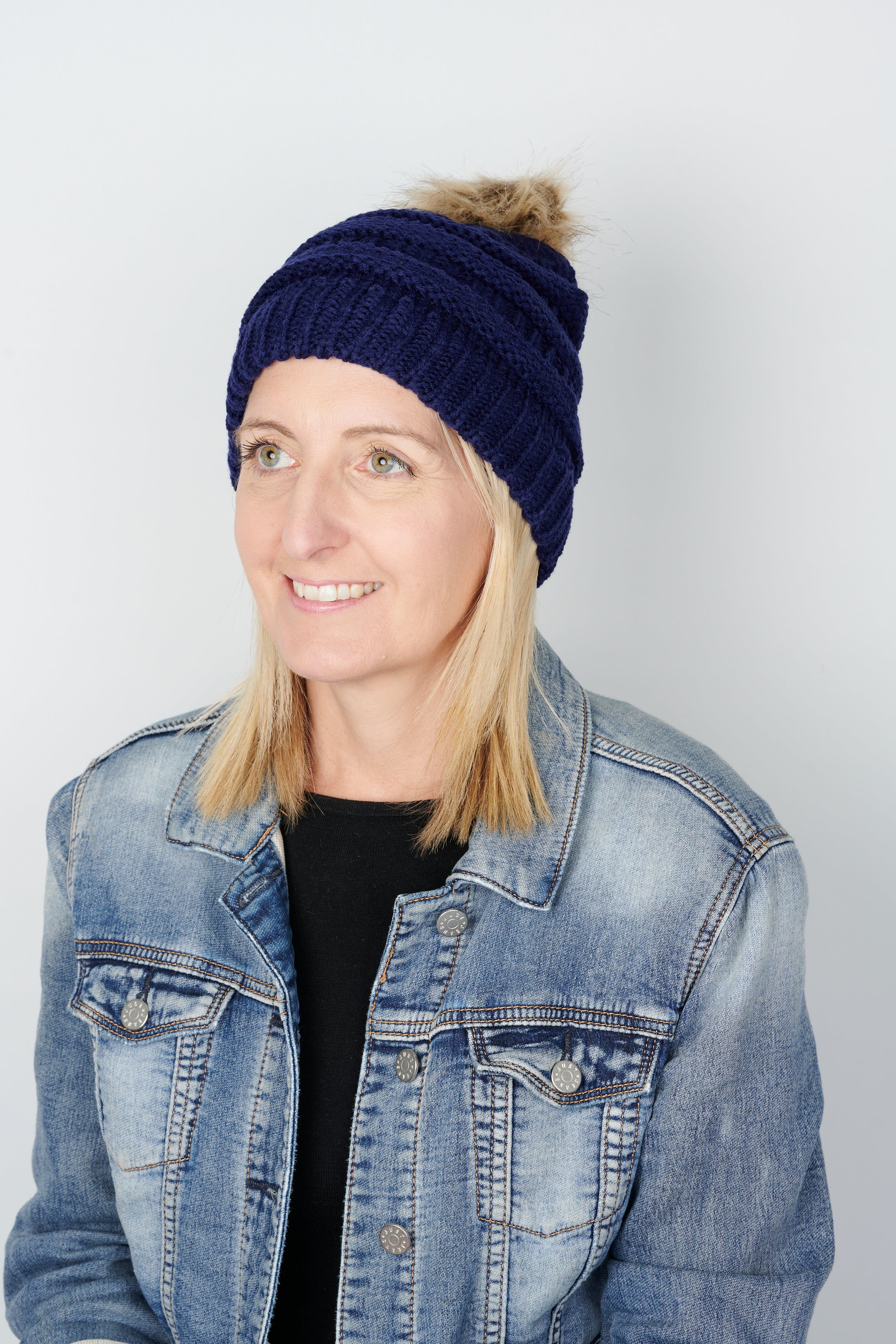 Ladies Navy Fur Pom Pom Beanie