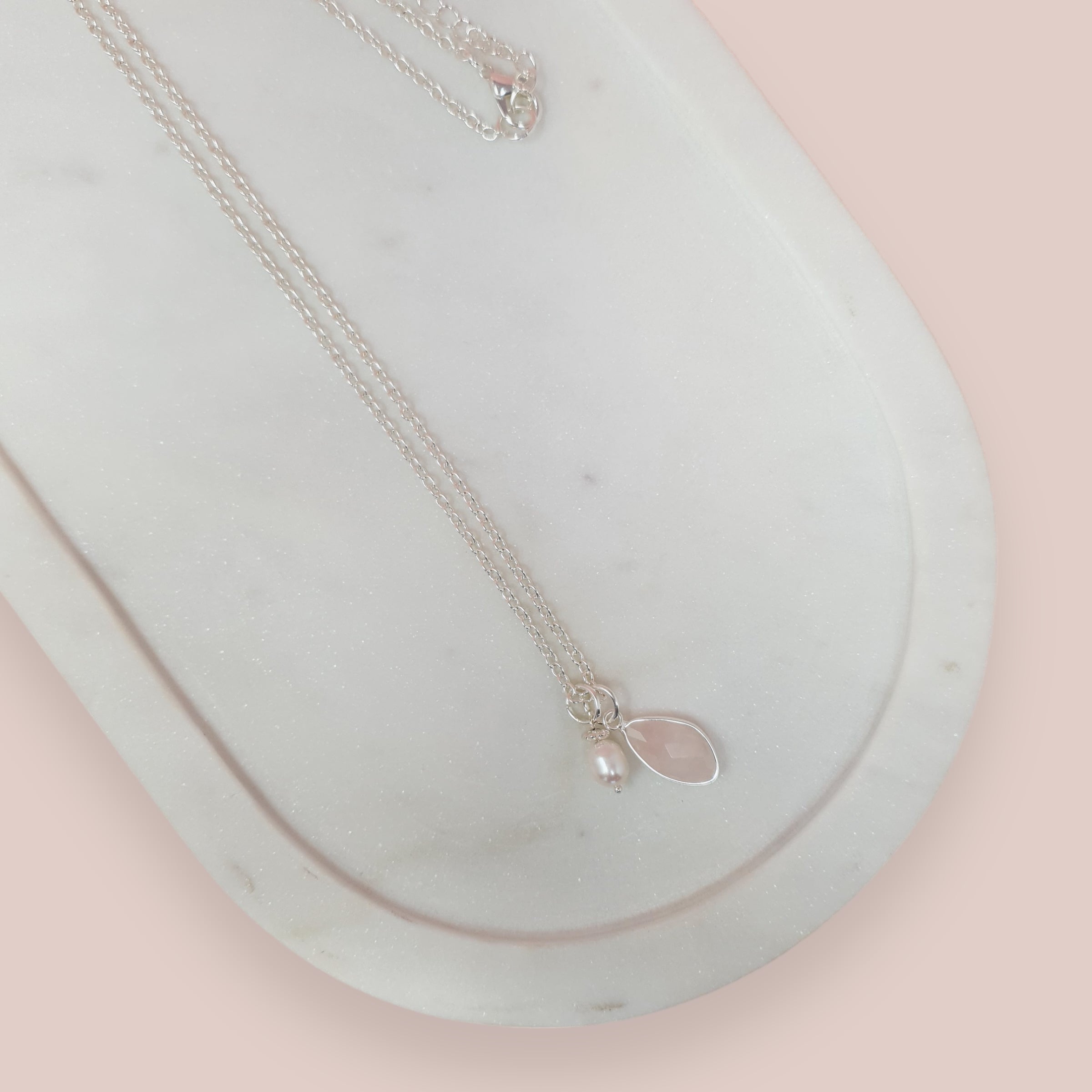 Silver Pink Stone + Pearl Long Necklace