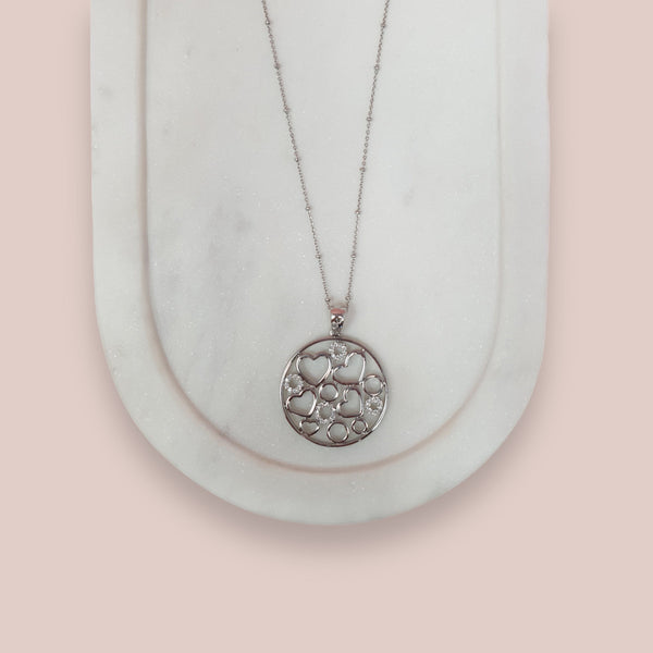 Silver Circle of Hearts Pendant Long Necklace