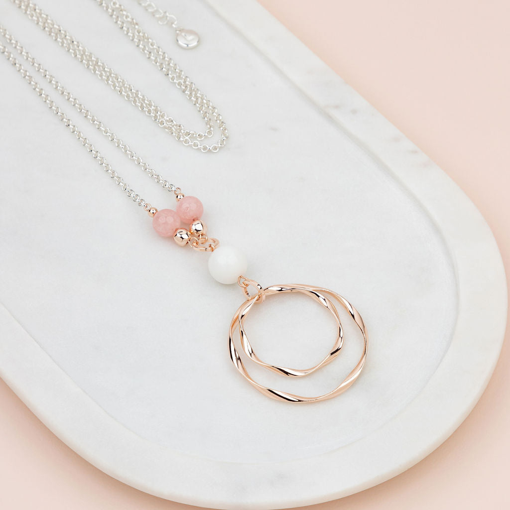 Circle w Blush Pink & White Beads Necklace