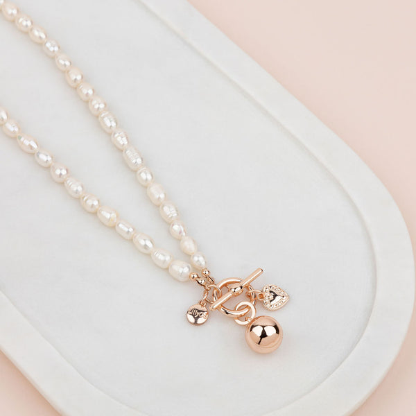 Limited Edition - Short Rose Gold Ball on Freshwater Pearls Necklace