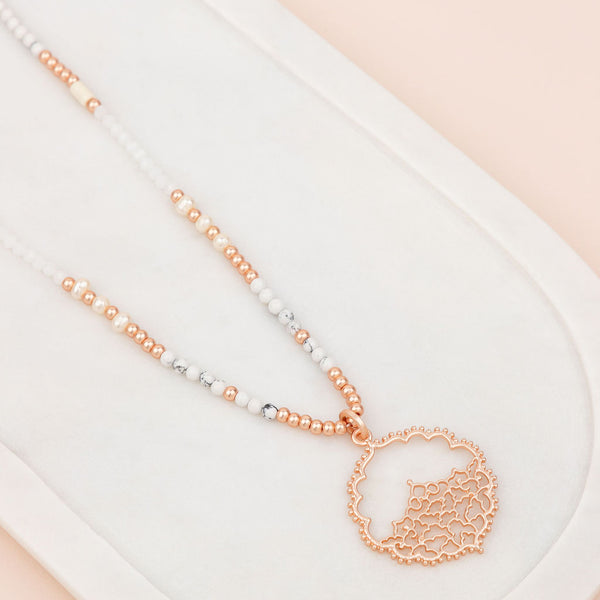 Rose Gold Matt Bead & Howlite Stones Lacey Pendant Necklace