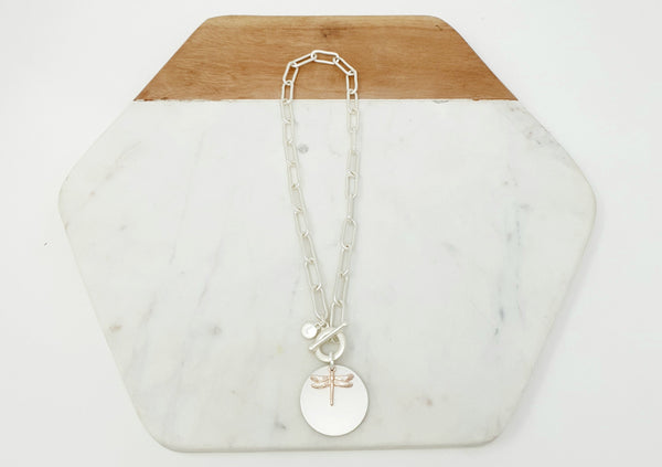SHORT | Matt Plated Rose Gold & Silver Disc & Dragonfly Necklace