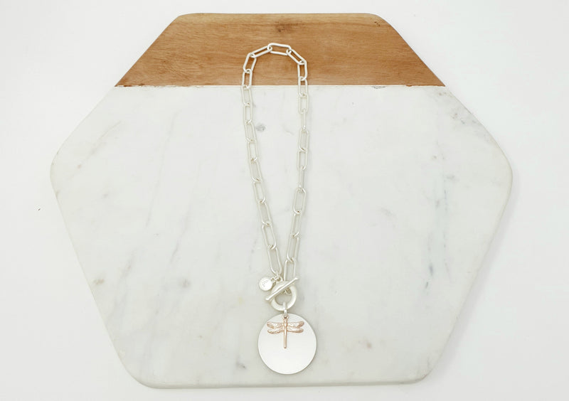 SHORT | Matt Plated Rose Gold & Silver Disc & Dragonfly Necklace