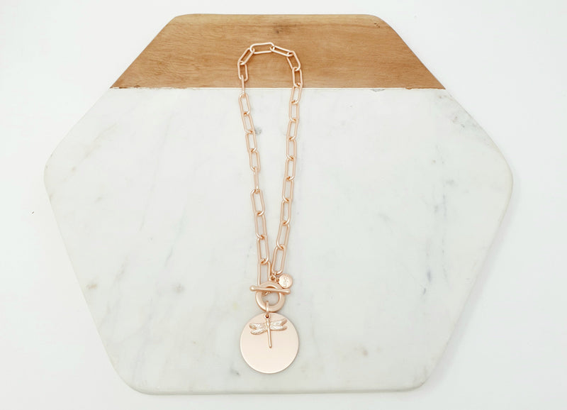 Matt Plated Rose Gold Disc & Dragonfly Necklace