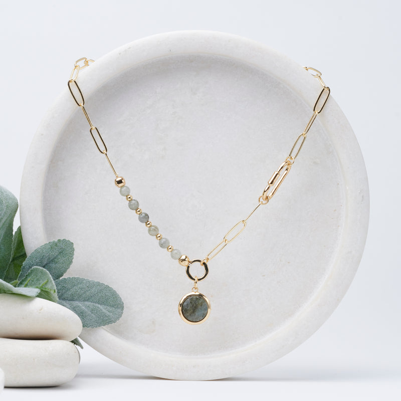 SHORT | Gold Link/Bead Black Pendant Necklace