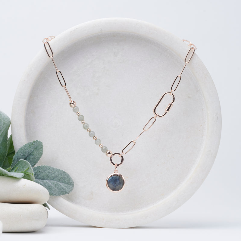 SHORT | Rose Gold Link/Bead Black Pendant Necklace