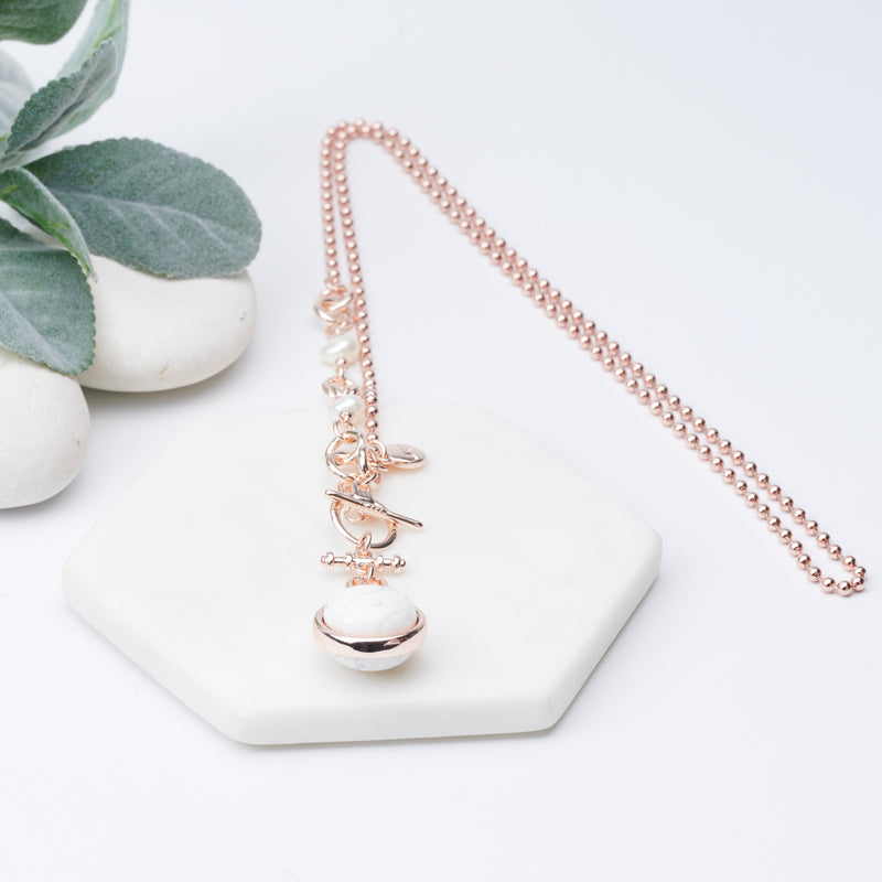 Rose Gold T/Bar White Howlite Bead Necklace