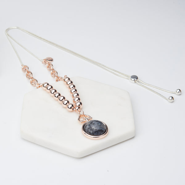 Adjustable Silver & Rose Gold Black Stone Necklace