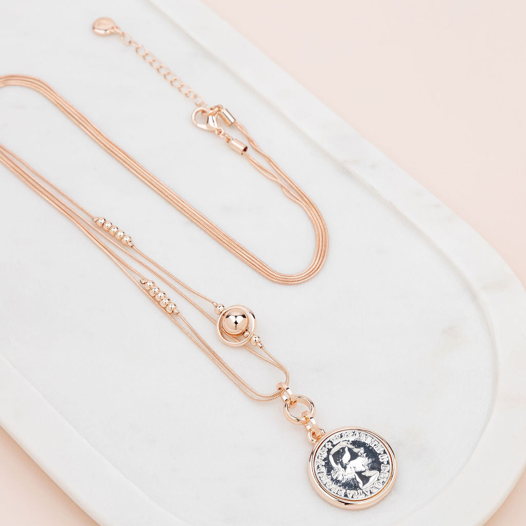 Rose Gold Chain w Silver Coin Long Necklace