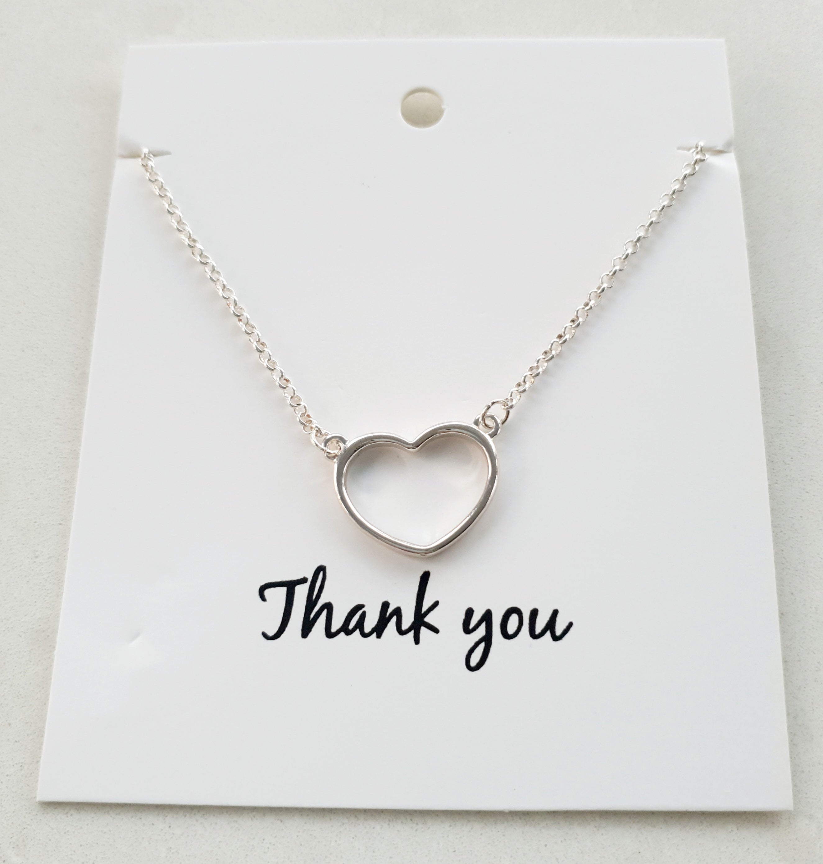 SHORT | Silver Heart Necklace on a THANK YOU Card.