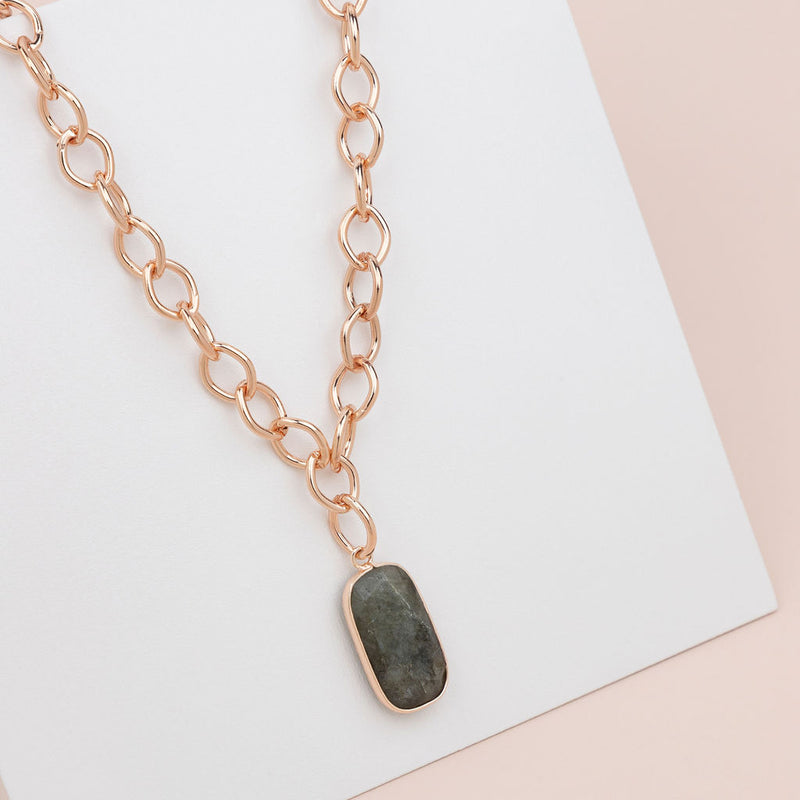 Short Rose Grey Square Stone Pendant Necklace