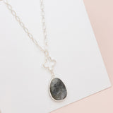 Silver Flower with Grey Stone Long Necklace