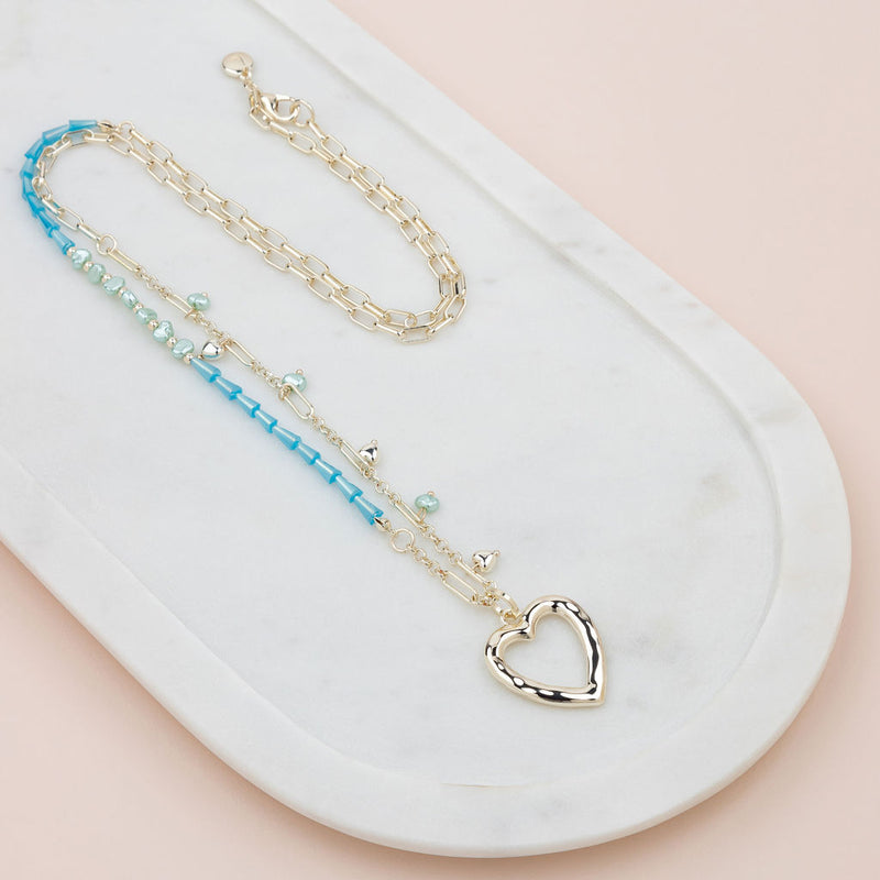 Light Gold Heart and Blue Beads Necklace