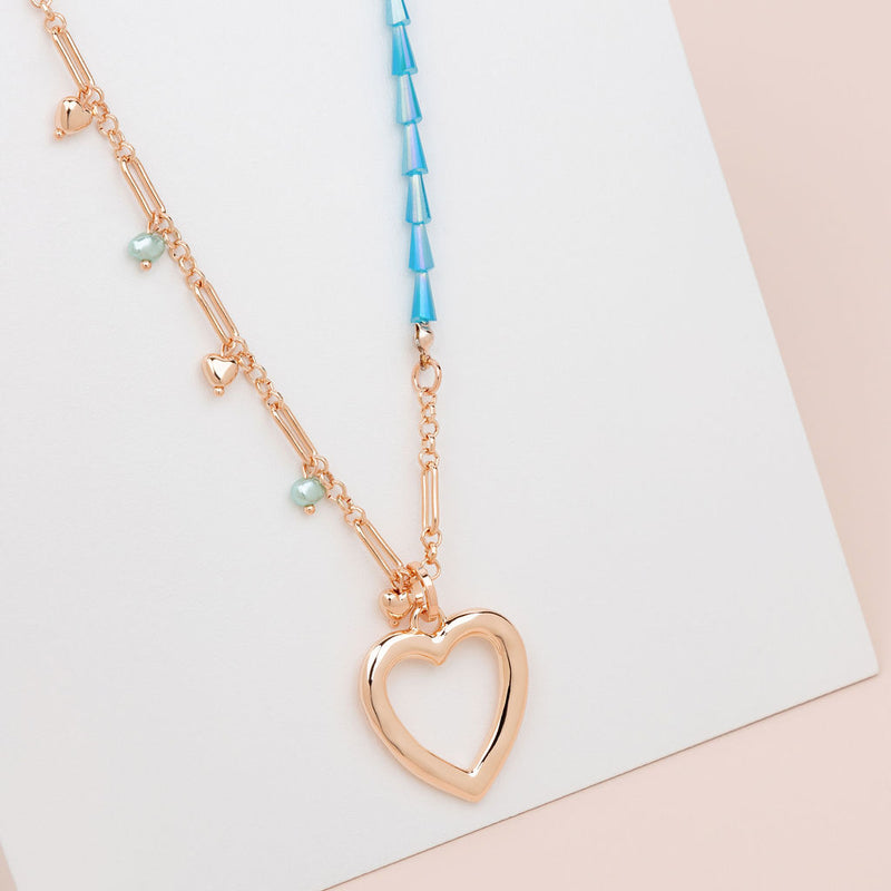 Rose Gold Love Heart with Blue Beads Necklace