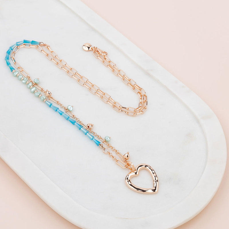 Rose Gold Love Heart with Blue Beads Necklace