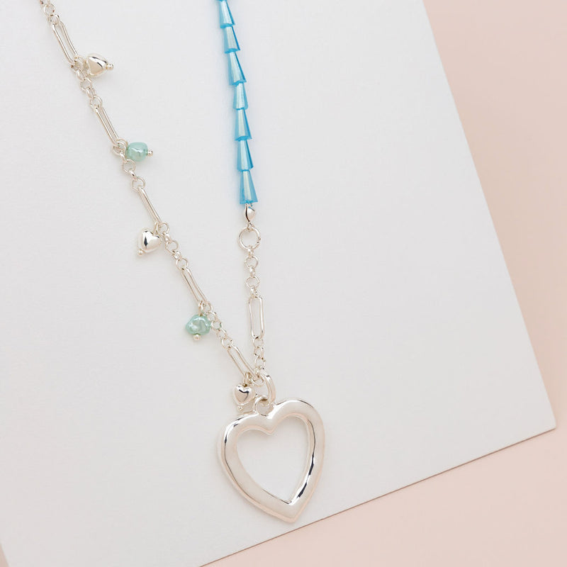 Silver Love Heart With Blue Bead Necklace