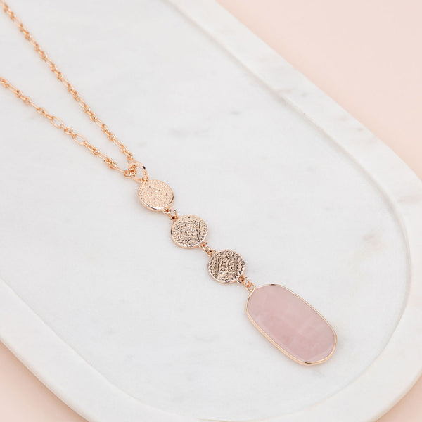 Rose Gold 3 Disc Rose Quartz Long Necklace