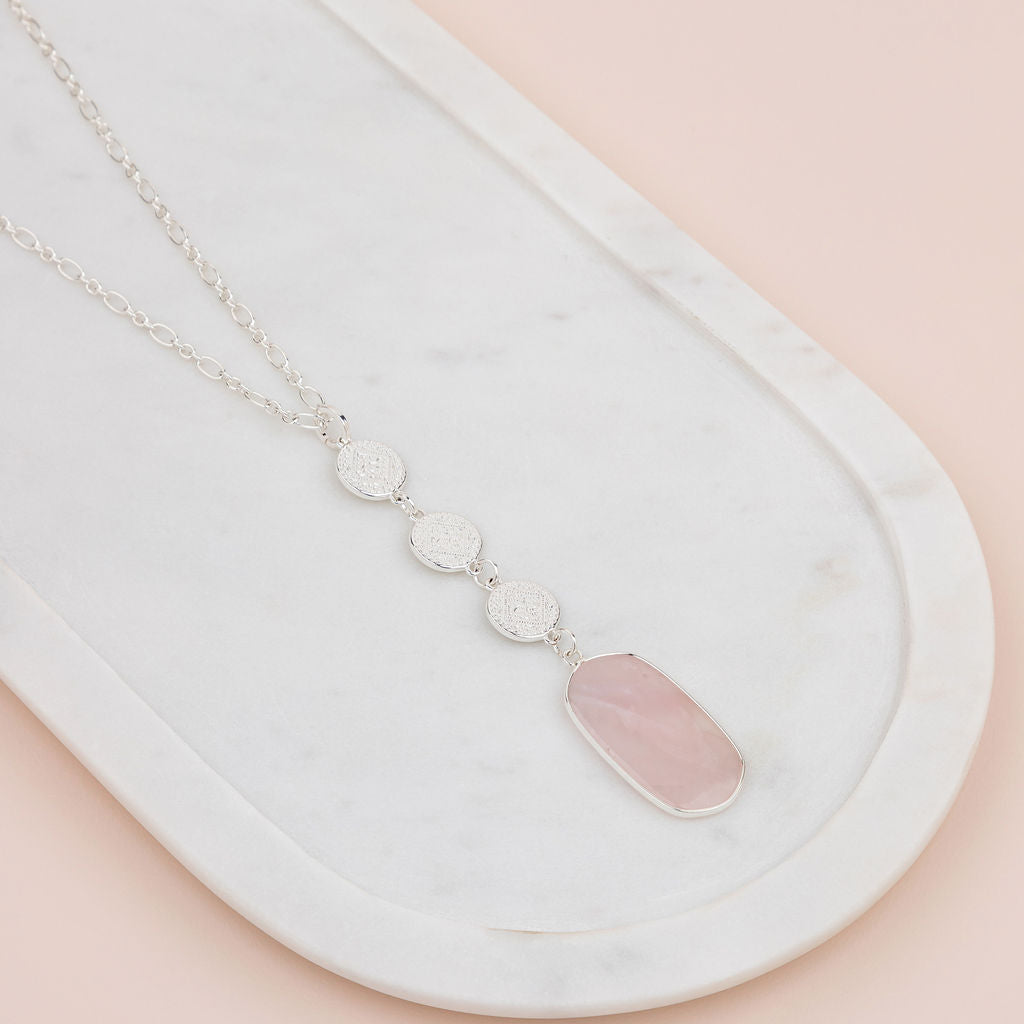 Silver 3 Disc & Rose Quartz Long Necklace
