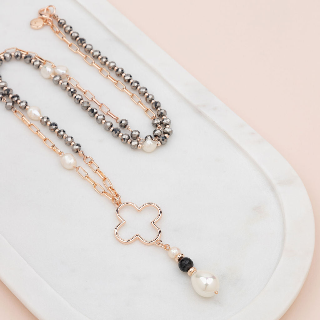 Rose Gold Flower Drop Pearl Necklace