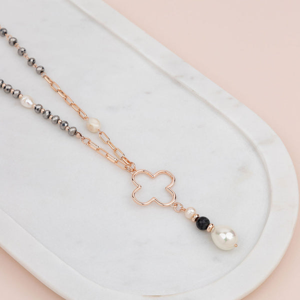 Rose Gold Flower Drop Pearl Necklace