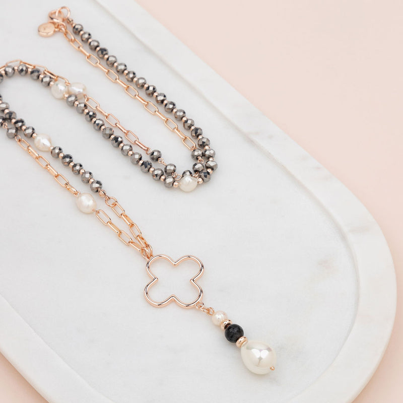 Rose Gold Flower Drop Pearl Necklace