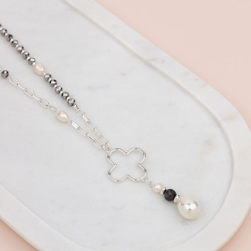 Silver Flower Drop Pearl Necklace