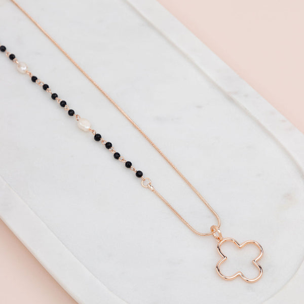 Rose Gold Flower & Black Bead Pendant Necklace