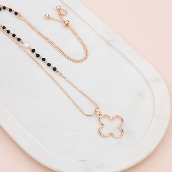 Rose Gold Flower & Black Bead Pendant Necklace