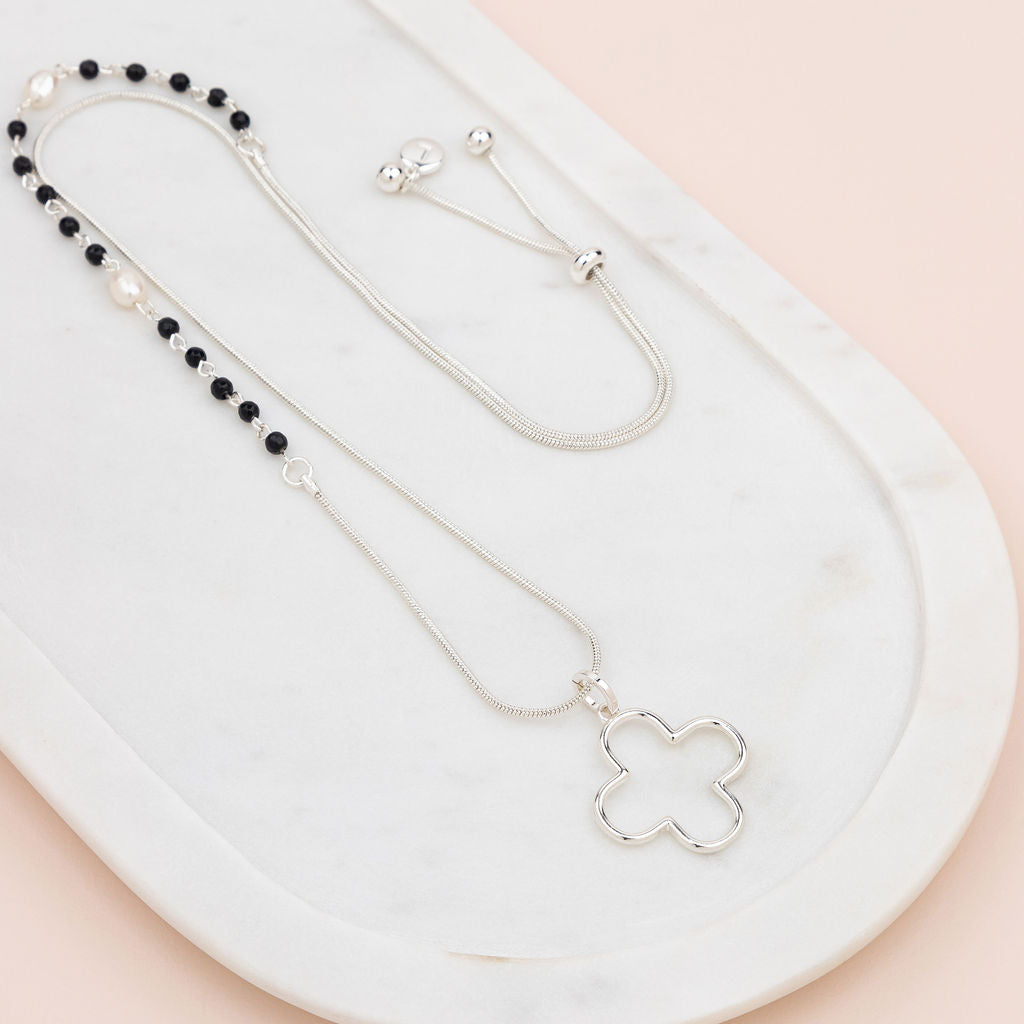 Silver Flower & Black Bead Pendant Necklace