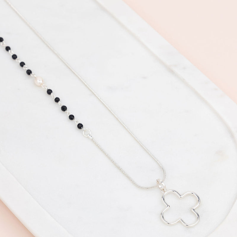 Silver Flower & Black Bead Pendant Necklace