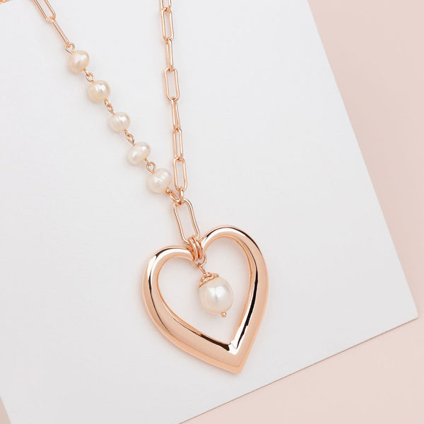 Rose Gold Heart and Pearl Long Necklace