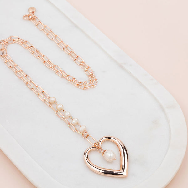 Rose Gold Heart and Pearl Long Necklace
