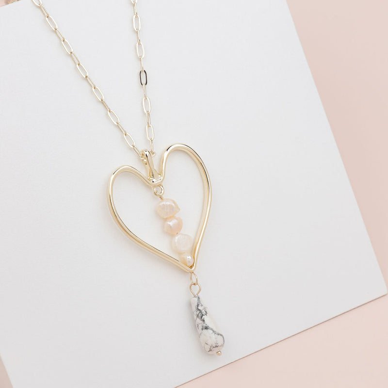Light Gold Heart, Pearl & Howlite Stone Long Necklace