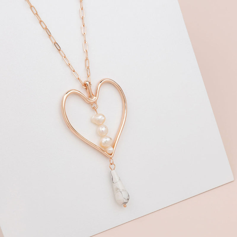 Rose Gold Heart, Pearl & Howlite Stone Necklace