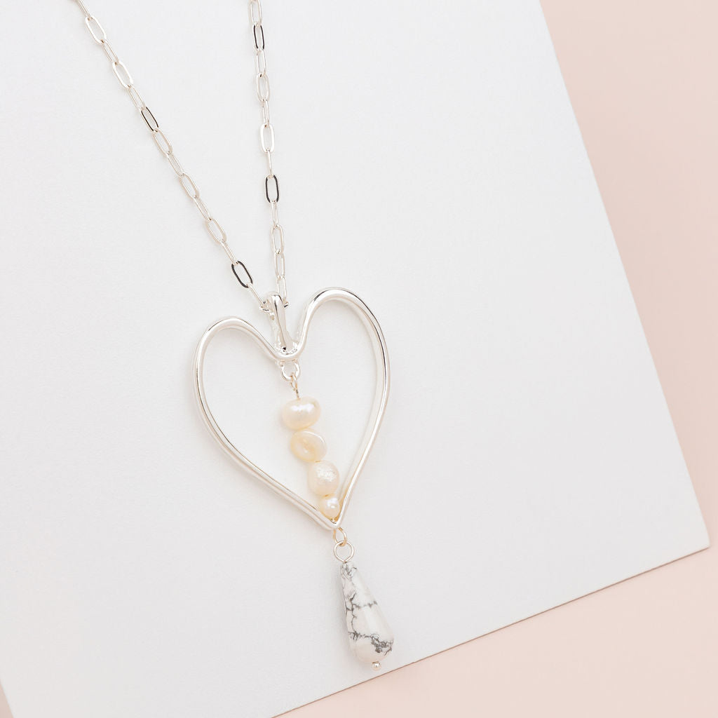 Silver Heart, Pearl & Howlite Stone Necklace