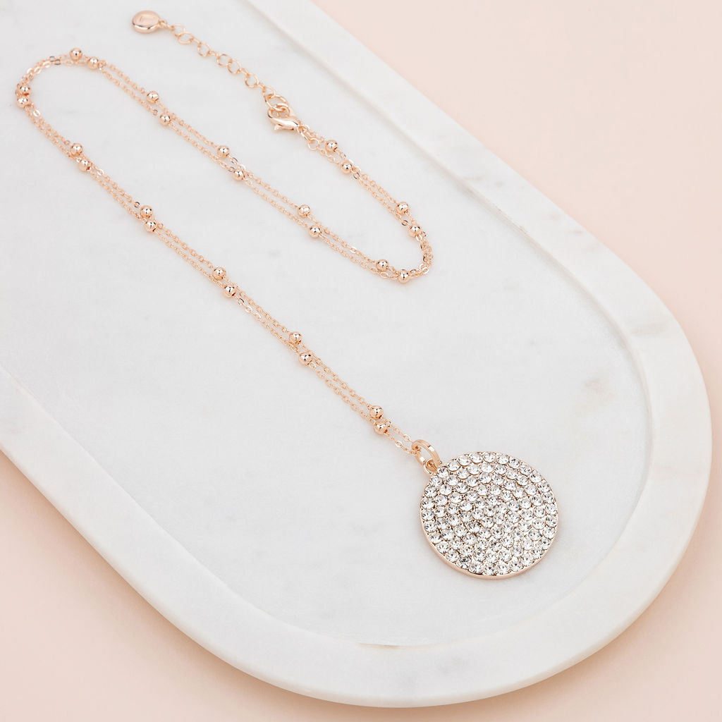 Large Rose Gold Bling Pendant Long Necklace