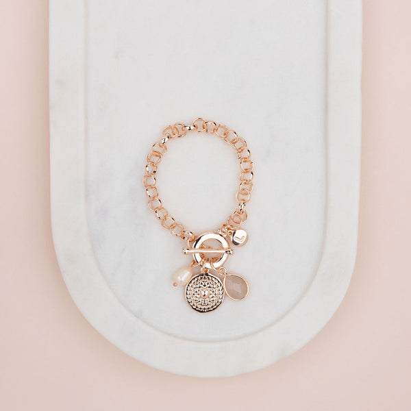 Rose Gold Pattern Disc, Pearl, Pink Pendant Bracelet